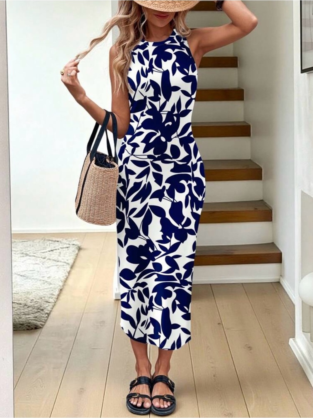 Sleeveless Navy and White Floral Dress